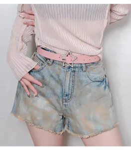 Pink Y2K rhinestone star belt detail, sparkling buckle design for trendy outfits.