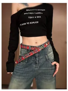 Y2K floral canvas belt detail, retro plaid style accessory for women and teen girls!