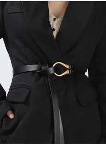 Black leather waist belt with gold metal buckle, perfect dress accessory for women styling.