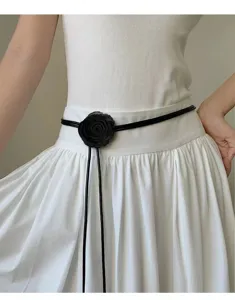 French black rose flower thin leather belt women dress waist decorative accessory