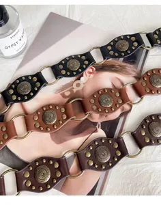 Retro boho style multi-color leather concho belt with metal studs and rings for women fashion outfit