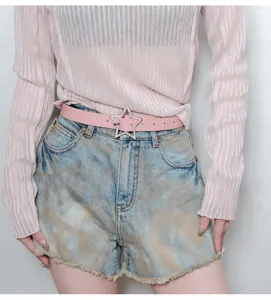 Y2K pink leather belt with rhinestone star buckle, stylish accessory for trendy denim outfits.