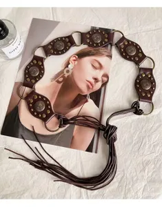 Boho retro punk leather waist belt with metal rings and fringe tassels for women fashion.