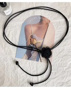 French style black leather rope belt with fabric rose flower for women dress waist decoration.