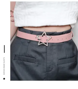 Chic pink waist belt featuring a sparkling rhinestone star buckle, stylish Y2K fashion accessory.