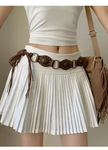 Tribal retro punk style women waist belt with metal rings and studs for daily fashion wear.