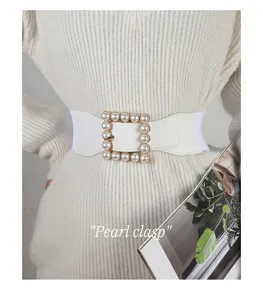 Women white elastic waist belt with pearl square buckle wide stretch belt for sweater dress