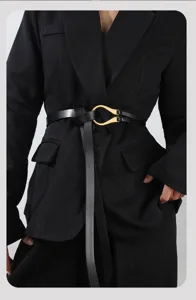 Stylish black leather waist belt with gold horseshoe buckle for women dress and blazer.
