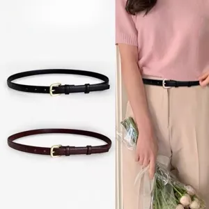 Women's minimalist thin leather belt vintage casual waist strap for jeans dresses suits black brown