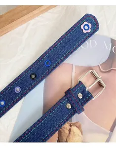Y2K cute floral denim canvas belt for women street style versatile retro jeans belt trend