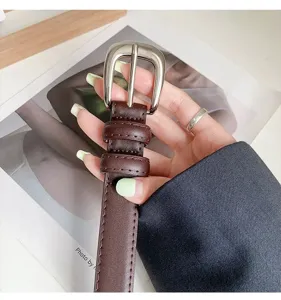 Women's brown leather belt with metal pin buckle and double loops stylish minimalist accessory
