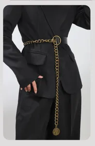 Women vintage chain belt with round buckle and coin pendant detail for stylish suits and dresses.