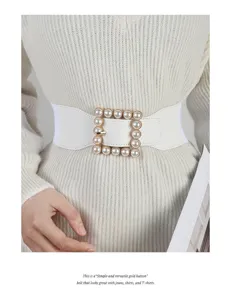 Women wide elastic waist belt with pearl square buckle fashionable sweater dress accessory