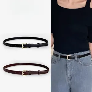 Women thin leather belt vintage minimalist design stylish black brown waist belt for jeans