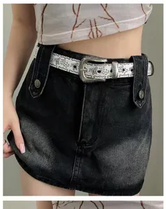Vintage ethnic style women's belt featuring intricate butterfly patterns and western metal buckle detail.