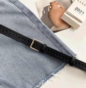 Black leather belt for women casual full punch hole design stylish jeans belt accessory