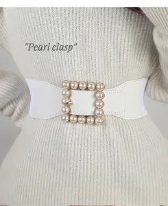 White elastic waist belt for women featuring elegant pearl square buckle sweater accessory