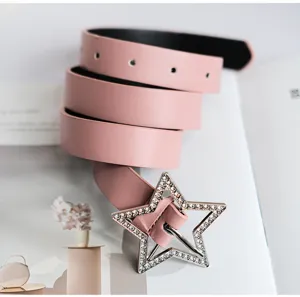 Women pink leather belt with rhinestone star buckle stylish y2k accessory for jeans