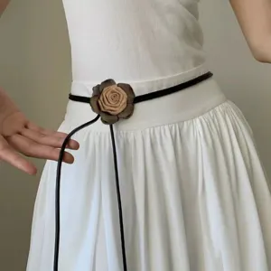French Rose Flower Women Waist Belt Sweet Style Soft Leather Rope Long Thin Dress Decorative Waistband Fashion Accessory