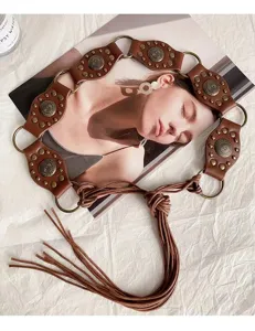Bohemian retro rivet leather waist belt with metal rings and tassel fringe accessory