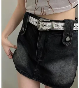 Vintage ethnic style belt with butterfly pattern and silver buckle for women skirts jeans.
