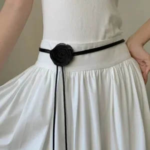 French black rose belt for women, slim soft leather waist chain for dresses, elegant floral decor.