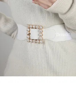 Women white elastic waist belt with pearl square buckle wide sweater dress cinch belt