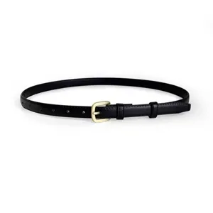 Women black leather belt minimalist design gold buckle stylish accessory for jeans and suits
