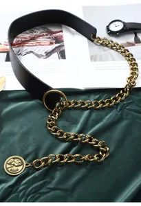 Vintage black leather chain belt for women decorative waist chain dress suit accessory