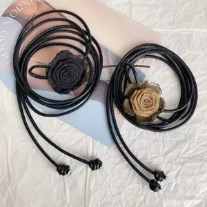 French style rose flower leather belt women thin dress decorative soft rope waist accessory