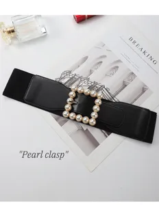 Detailed view of the black elastic waist belt featuring a chic square pearl buckle for women.