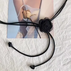 French black rose waist belt for women dress vintage soft leather rope flower accessory long