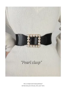 Stylish women's black elastic wide waist belt featuring an elegant pearl square buckle fashion accessory