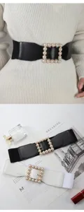 Women's wide elastic stretch belt with elegant pearl square buckle, perfect for sweater dress.