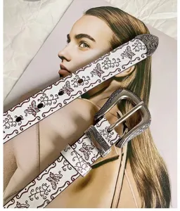 Vintage butterfly embossed white leather belt with ornate metal buckle for women chic style.