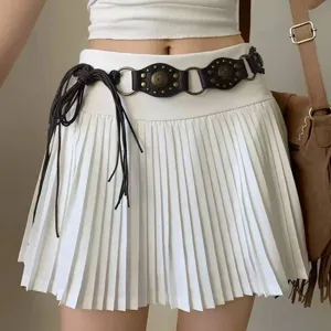 Retro Tribal Style PU Leather Belt Women Punk Waist Belt With Metal Rings Rivets Tassels Decorative Waistband For Dress