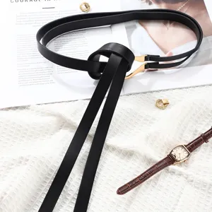Womens Thin Leather Belt Fashion Dress Coat Waistband Adjustable PU Leather Waist Belt With Gold Metal Buckle