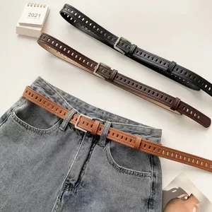 Women Vintage Casual PU Leather Belt All-Hole Design Metal Pin Buckle Fashion Jeans Pants Waist Belt Accessory