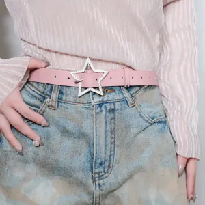 Women Y2K Star Rhinestone PU Leather Belt Sweet Fashion Casual Waistband For Jeans Girl Accessories