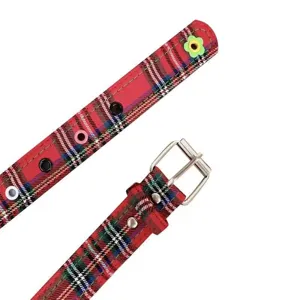Y2K Red Plaid Canvas Belt Women Vintage Streetwear Waistband with Metal Buckle and Flower