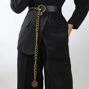 Women Fashion PU Leather Waist Belt Vintage Metal Chain Belt Gold Ring Pendant Waist Chain Dress Suit Accessories