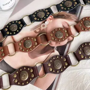Tribal retro punk leather waist belt set with metal rings and rivets for women fashion.