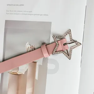 Pink leather belt for women featuring a sparkling rhinestone star buckle, Y2K fashion accessory.