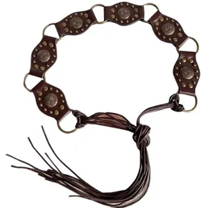Bohemian vintage women waist belt with metal conchos and fringe tassel design for dresses coats.