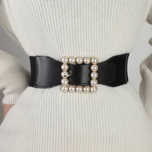 Women's Wide Elastic Waist Belt Vintage Sweet Pearl Buckle PU Leather Stretch Cinch Belt For Dress Sweater Suit Fashion Accessories