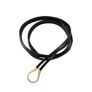 Minimalist black leather belt with a chic gold metal horseshoe buckle for women dresses coats.