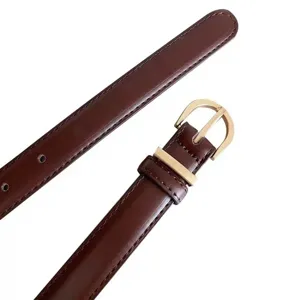Elegant brown leather belt for women, featuring a chic gold buckle. Perfect for dresses and jeans.
