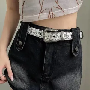Women's Vintage Ethnic Style PU Leather Belt Retro Western Carved Metal Buckle Butterfly Embossed Casual Dress Jeans Belt