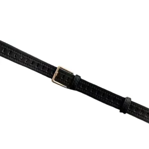 Women black leather belt with metal buckle, retro full-hole casual jean trousers belt.