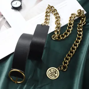 Women fashion leather belt with chunky gold metal chain and retro flower pendant dress.